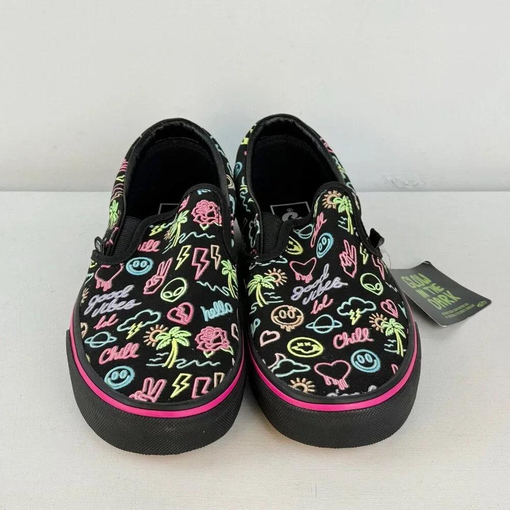 M6 W7.5- Vans Slip-On Glow In The Dark Black Neon Lights Emoji Skate Shoes